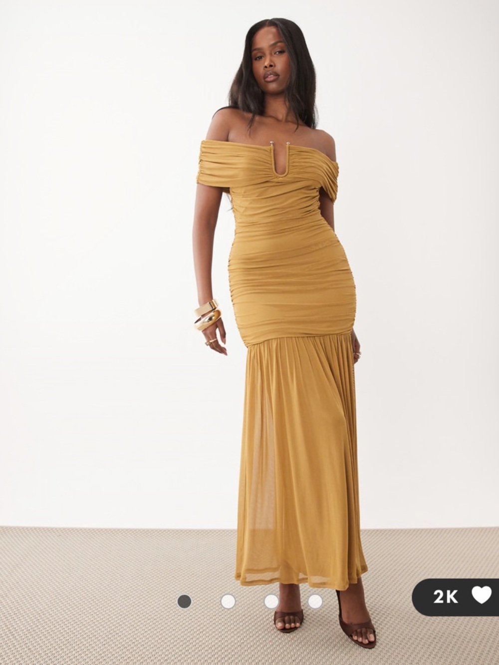 ASOS DESIGN mesh bardot ruched dropped waist maxi dress with wire trim in bronze
